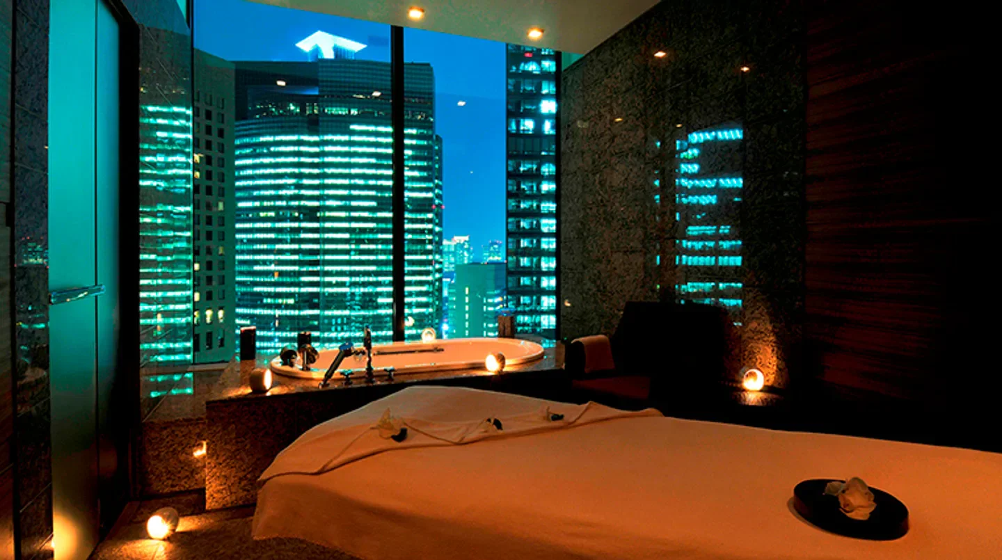 Relaxing spa experience at Mizuki Spa at Conrad Tokyo with a stunning Tokyo skyline view.