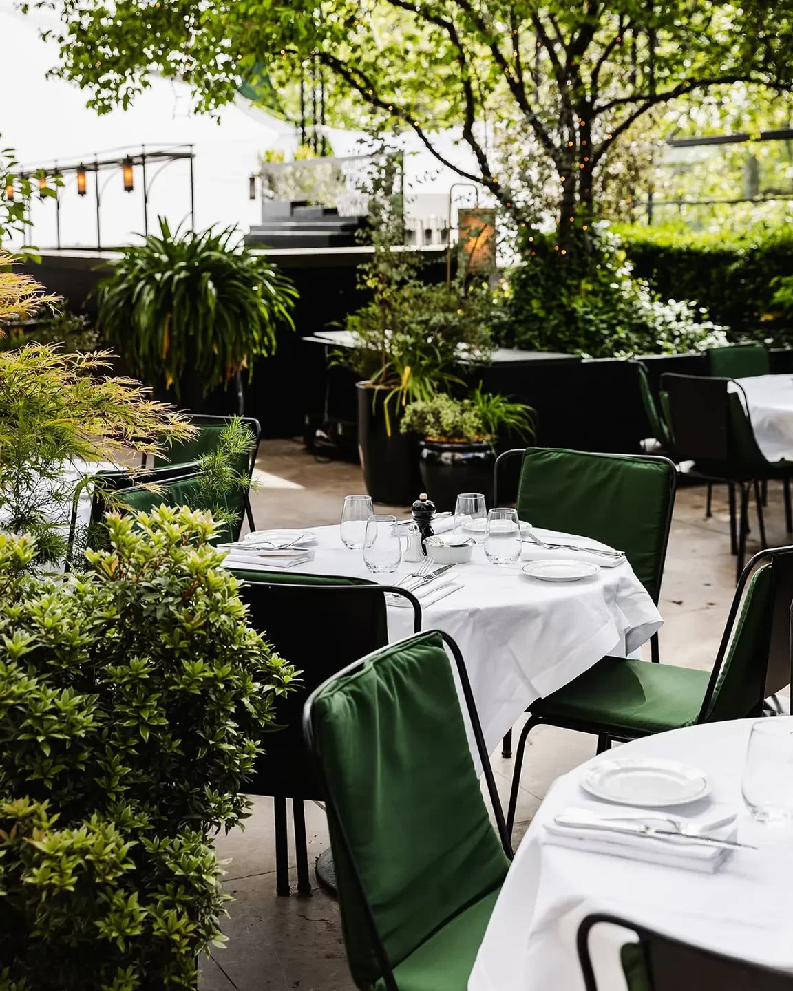 Outdoor dining at Monsieur Bleu in Paris, featuring green chairs and elegant table settings.