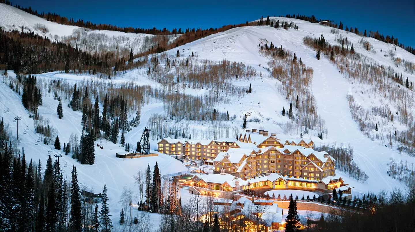 Montage Deer Valley hotel in Park City, nestled at the base of a snowy mountain
