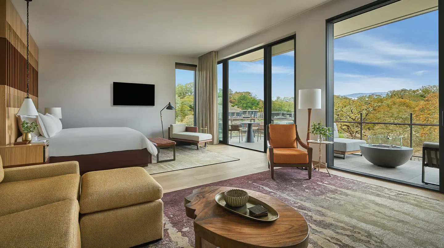 Spacious suite at Montage Healdsburg hotel in Sonoma with a balcony view.