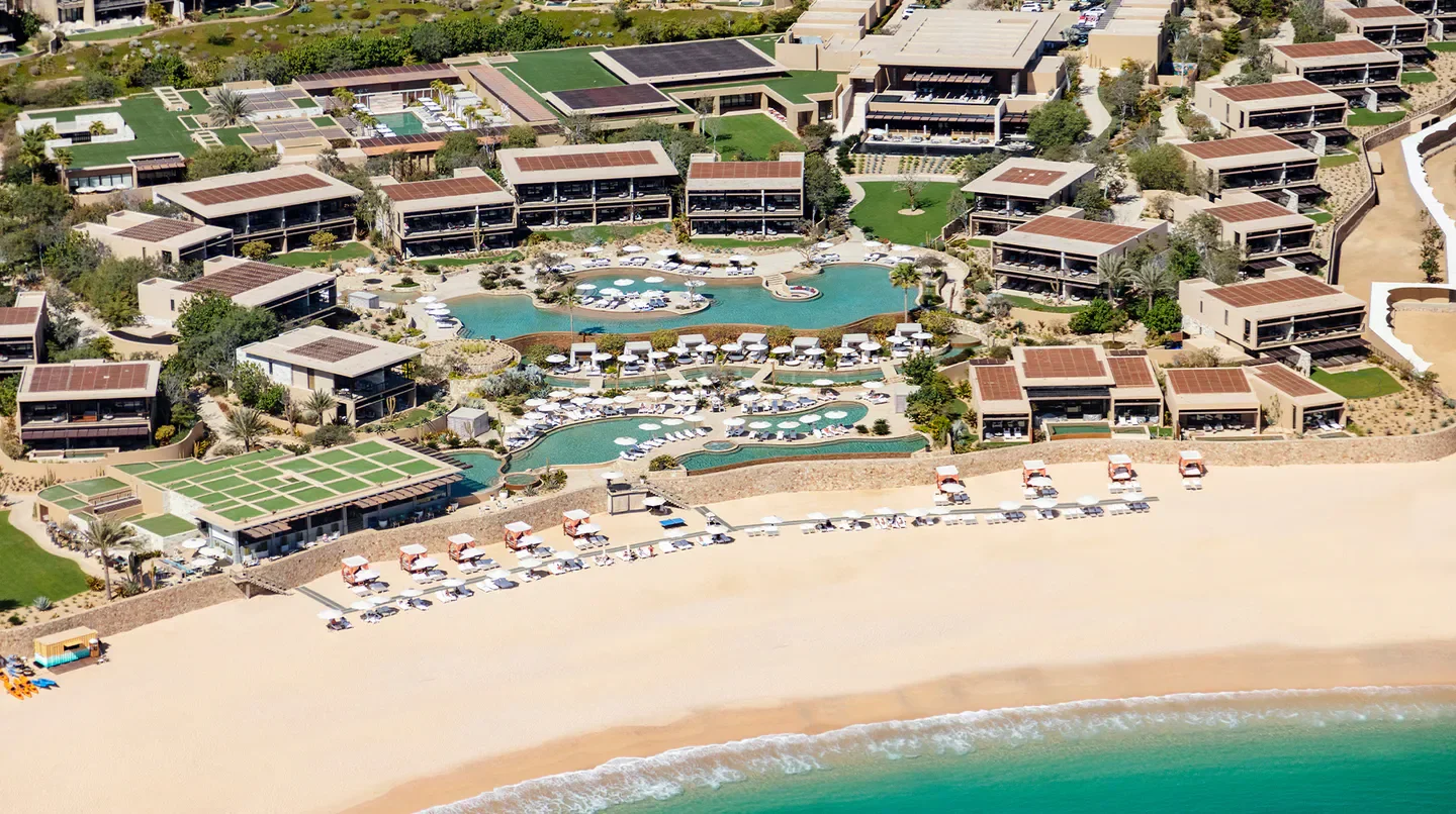 Aerial view of Montage Los Cabos resort in Cabo San Lucas, showcasing beach and pools