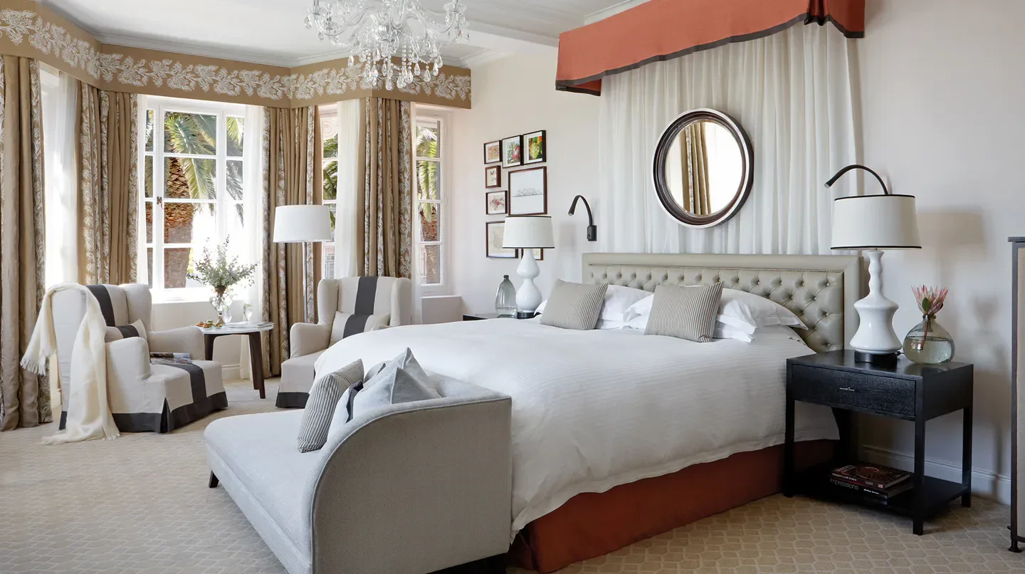 Elegant bedroom at Mount Nelson, A Belmond Hotel, Cape Town, showcasing luxury in Cape Town.