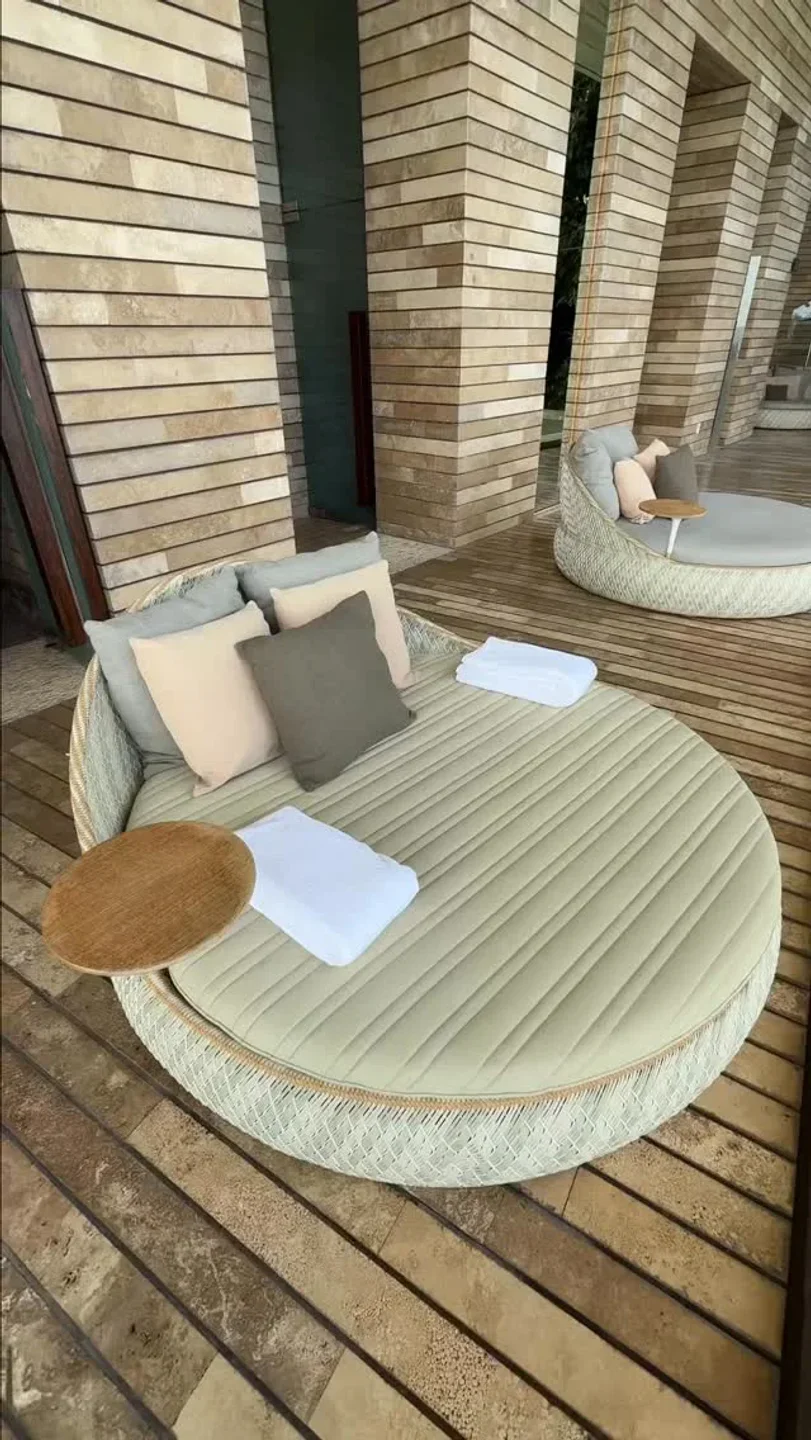 Relaxing daybeds with plush cushions at Muluk Spa at La Casa de la Playa in Riviera Maya