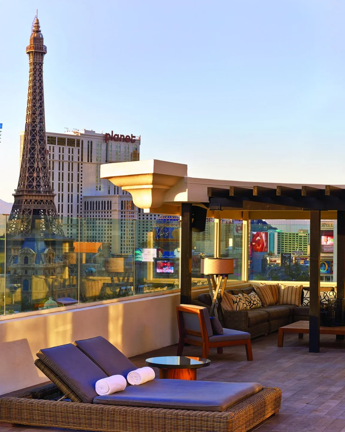 Rooftop lounge at Nobu Las Vegas with views of the Eiffel Tower replica and the Las Vegas Strip