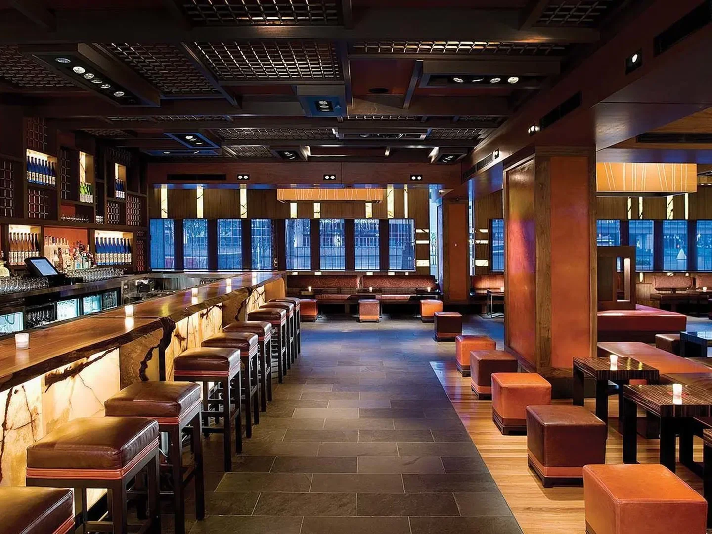 Interior of Nobu Melbourne restaurant, featuring a stylish bar and seating area.