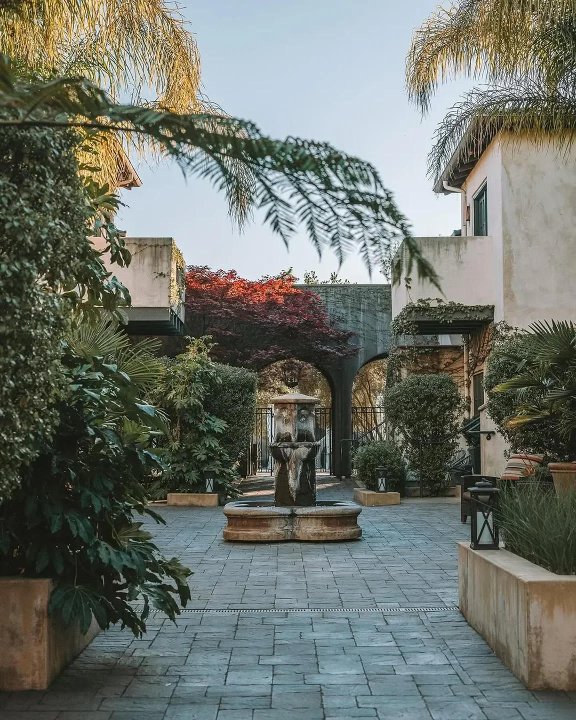 Courtyard with fountain at North Block Restaurant in Napa Valley, California.