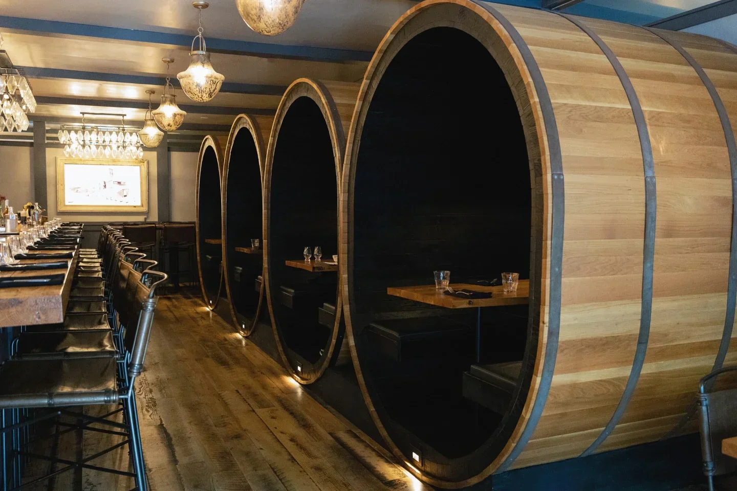 Unique barrel booths inside North of Bourbon in Louisville restaurant.
