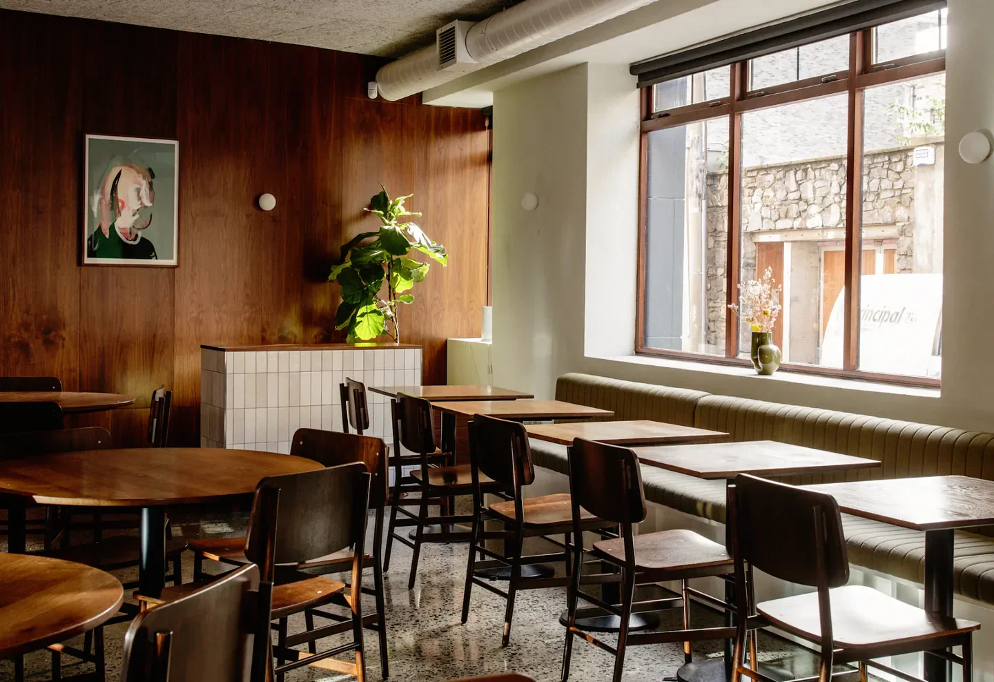 Interior of Note restaurant in Dublin, with wood paneling and stylish decor