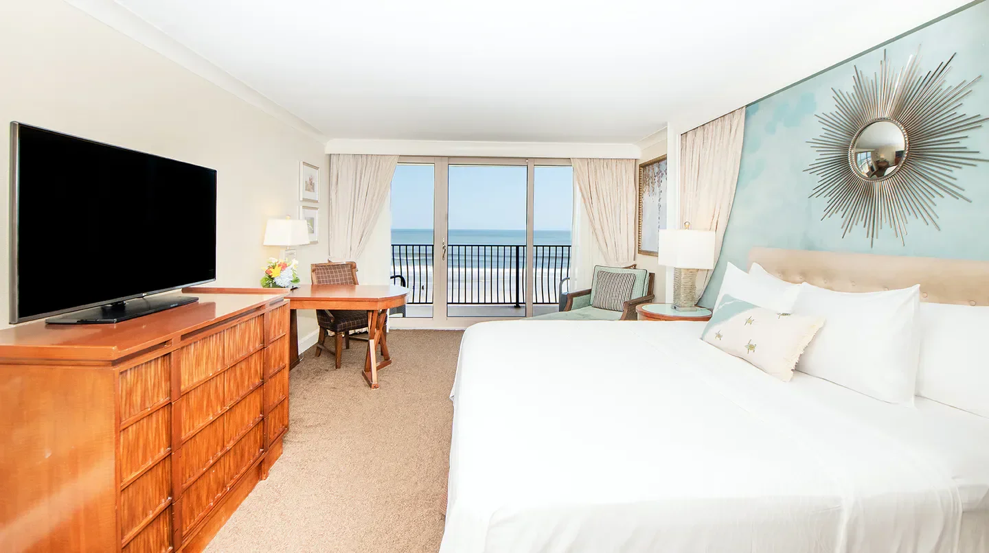 Oceanfront hotel room at One Ocean Resort & Spa in Jacksonville with balcony view