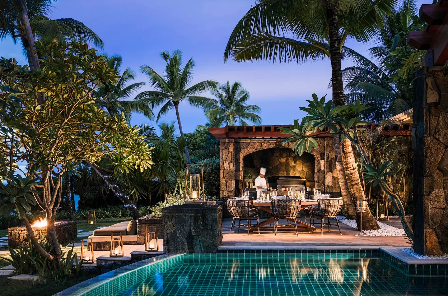 Outdoor dining at One&Only Le Saint Géran's Wellness Spa in Poste de Flacq, Mauritius, near pool.