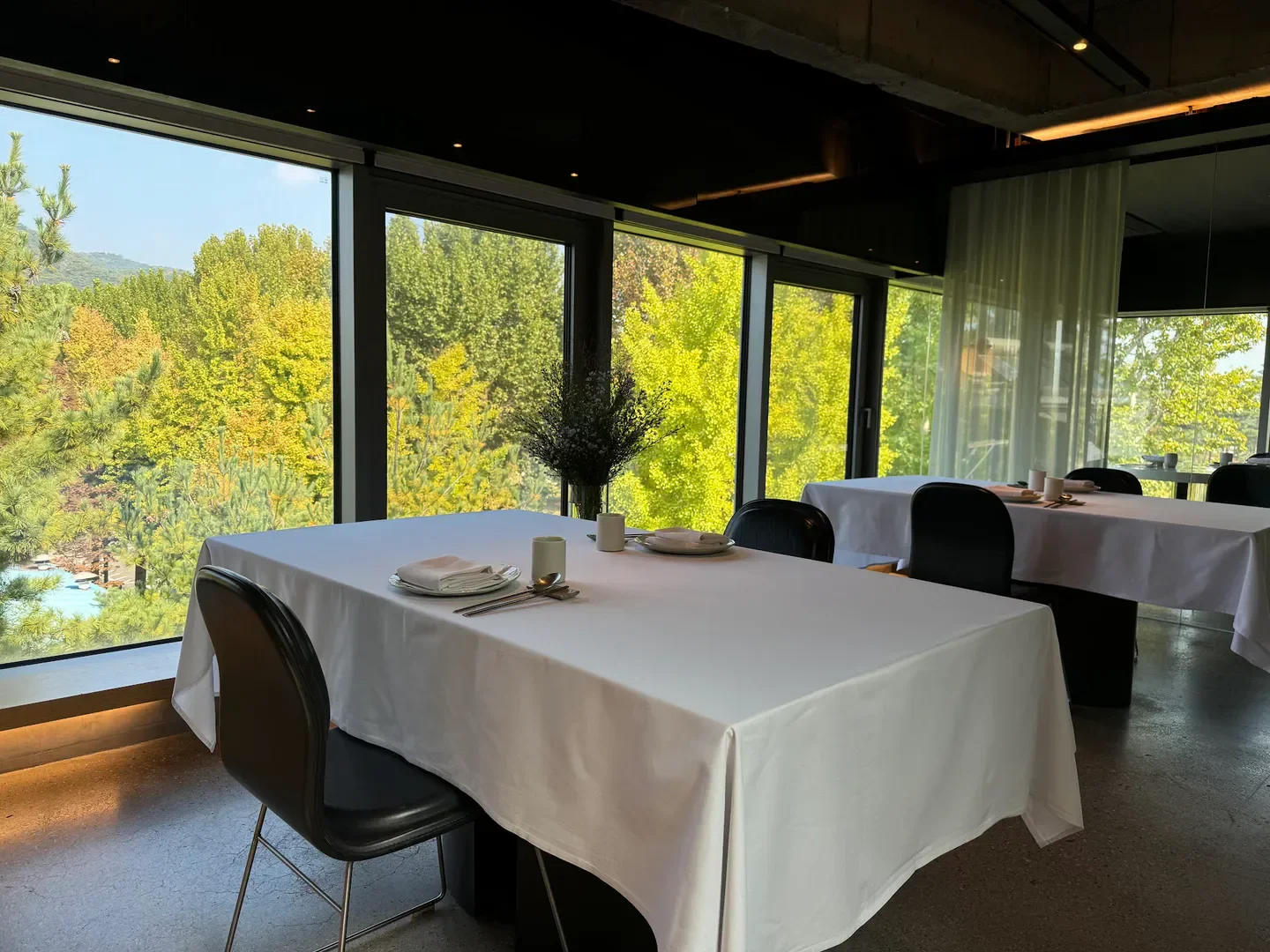 Elegant dining at Onjium restaurant in Seoul with a scenic view of nature.