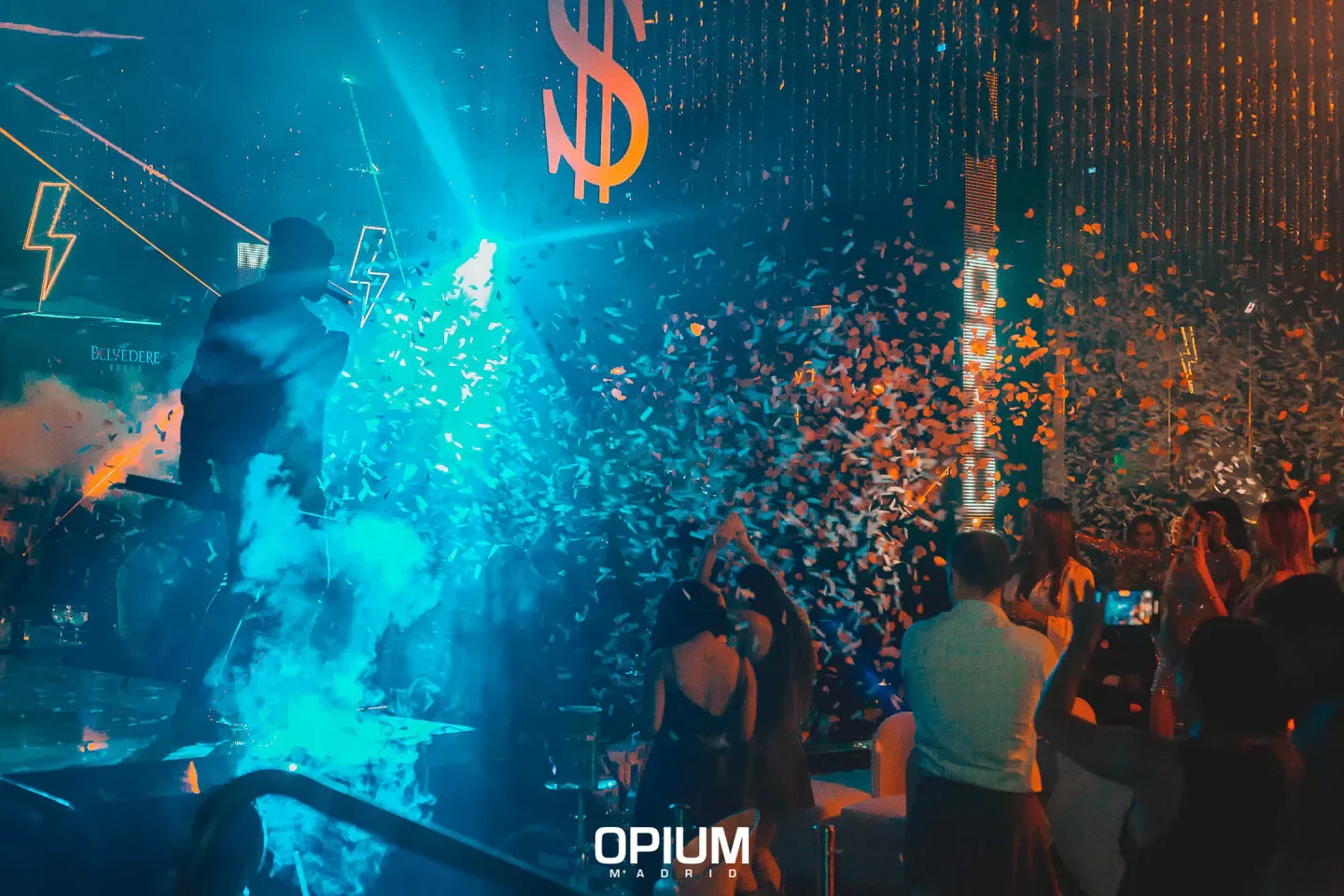 Confetti and dancing at Opium Madrid nightclub. Energetic party scene with vibrant lighting.