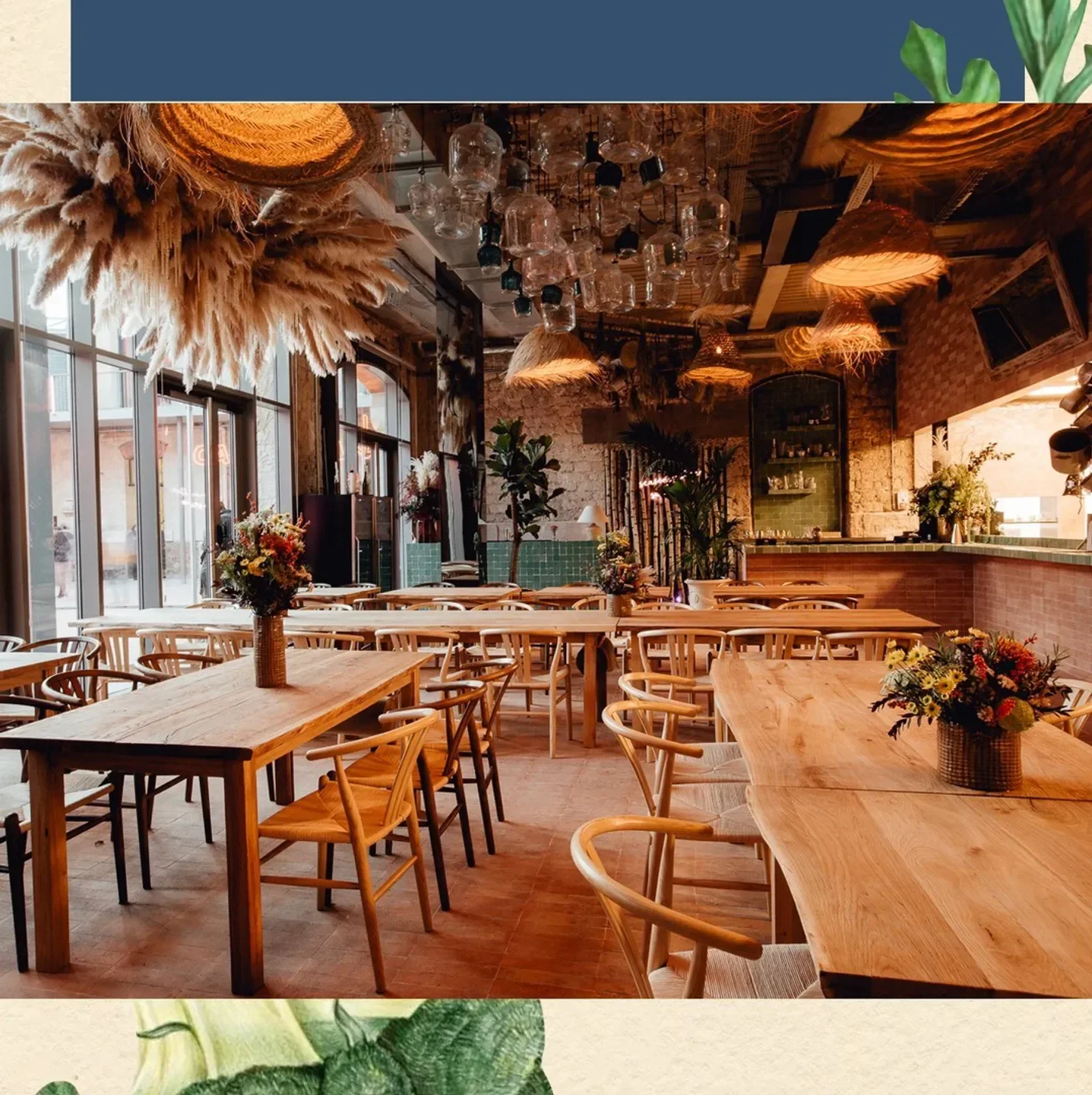 Ora Farmhouse restaurant in Paris featuring rustic wooden tables, floral decor, and unique lighting.