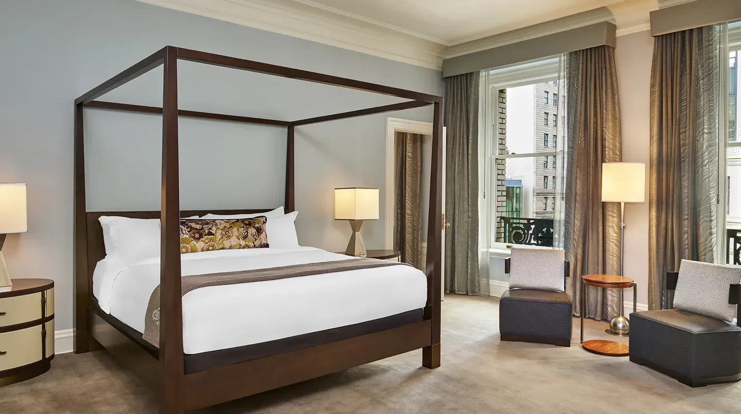 Elegant bedroom at Palace Hotel, a Luxury Collection Hotel, San Francisco, with city views