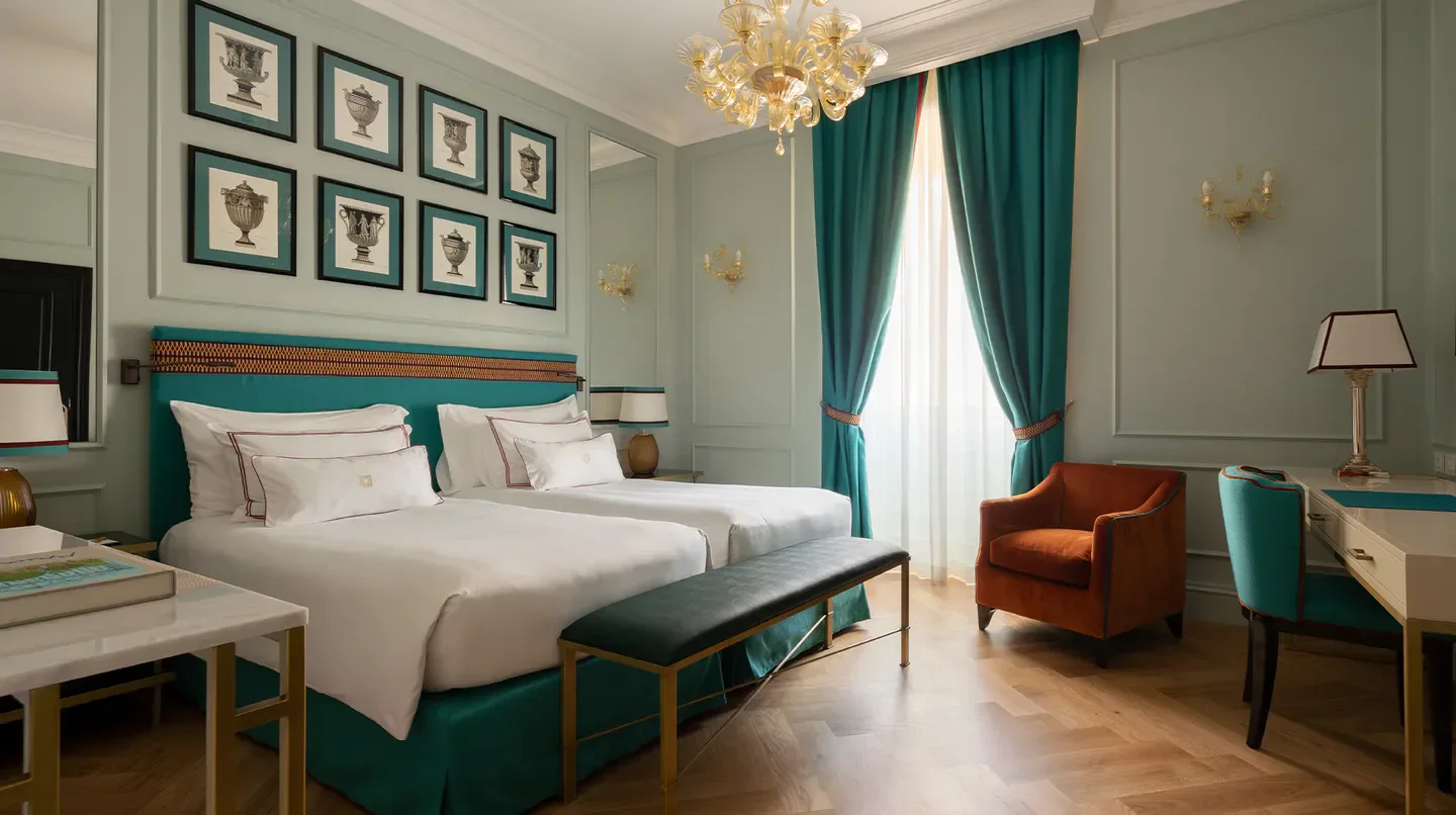 Elegant bedroom at Palazzo Ripetta in Rome, featuring a stylish design and decor.