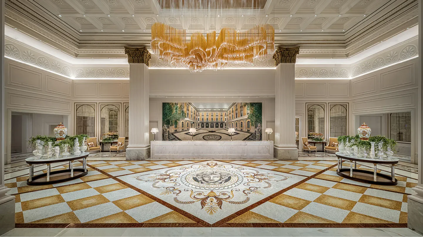 Stunning lobby of Palazzo Versace Macau, showcasing luxury and opulence in Macau.