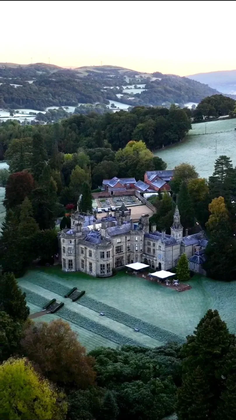 Aerial view of Palé Hall Hotel & Restaurant in Wales surrounded by beautiful countryside
