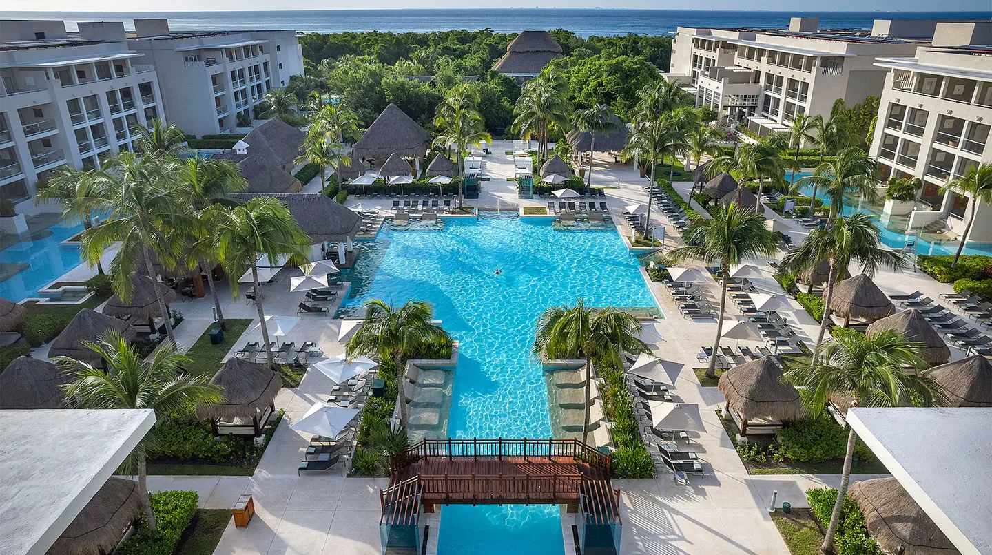 Aerial view of the pool at Paradisus La Perla resort in Playa del Carmen, Mexico.