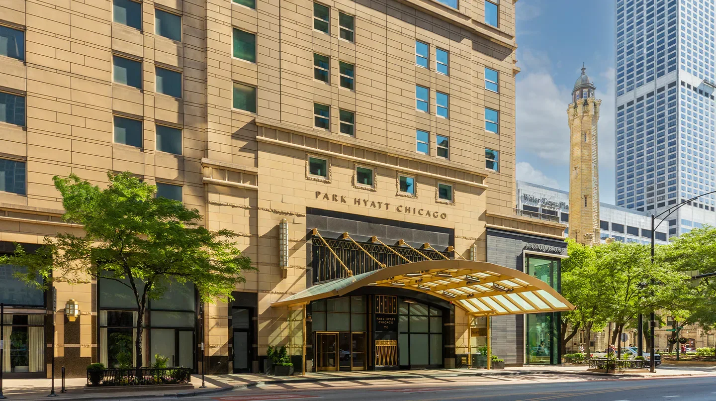 Exterior of the Park Hyatt Chicago hotel in downtown Chicago on a sunny day