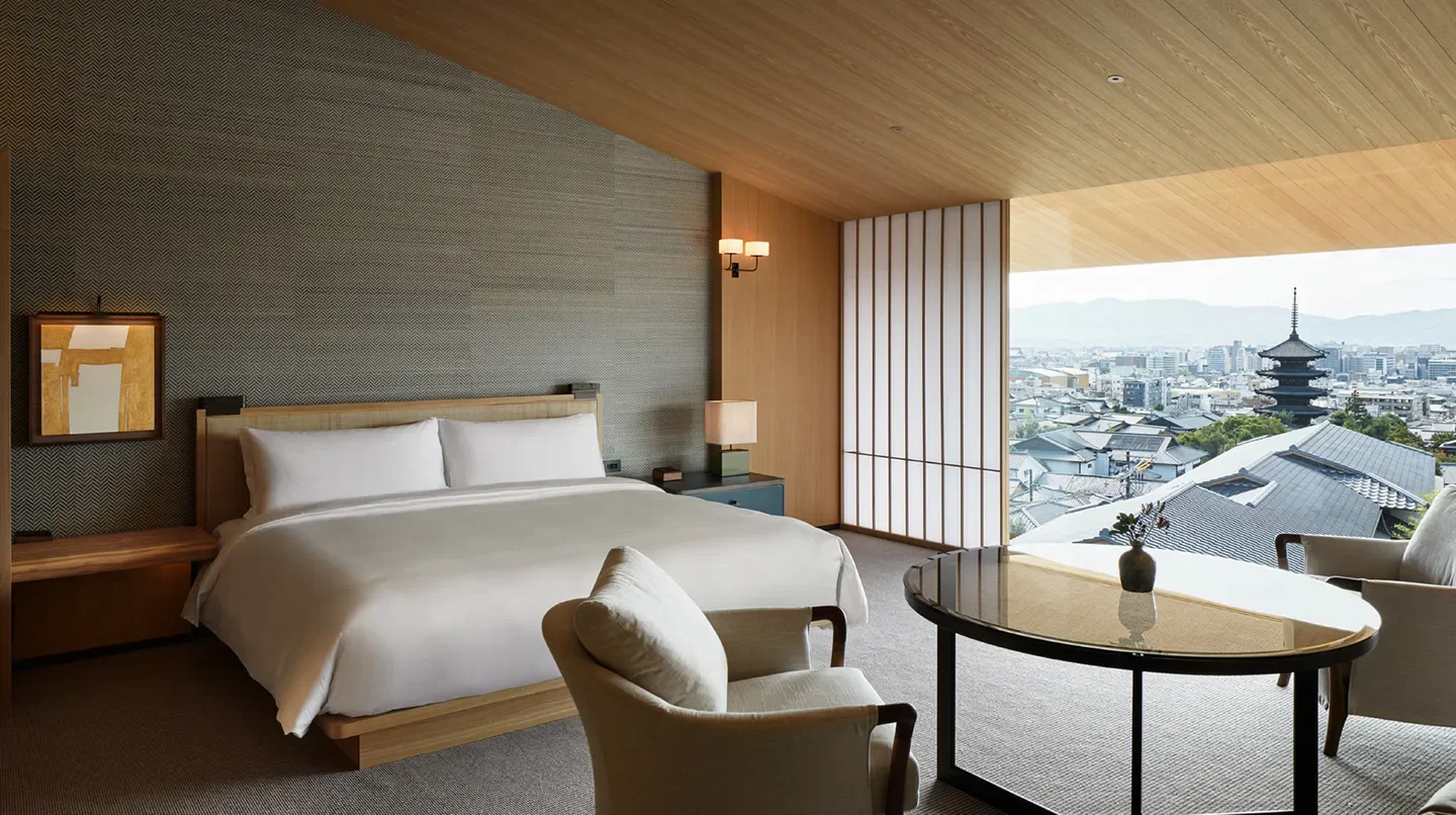 Park Hyatt Kyoto hotel room with city views overlooking Kyoto's iconic pagoda