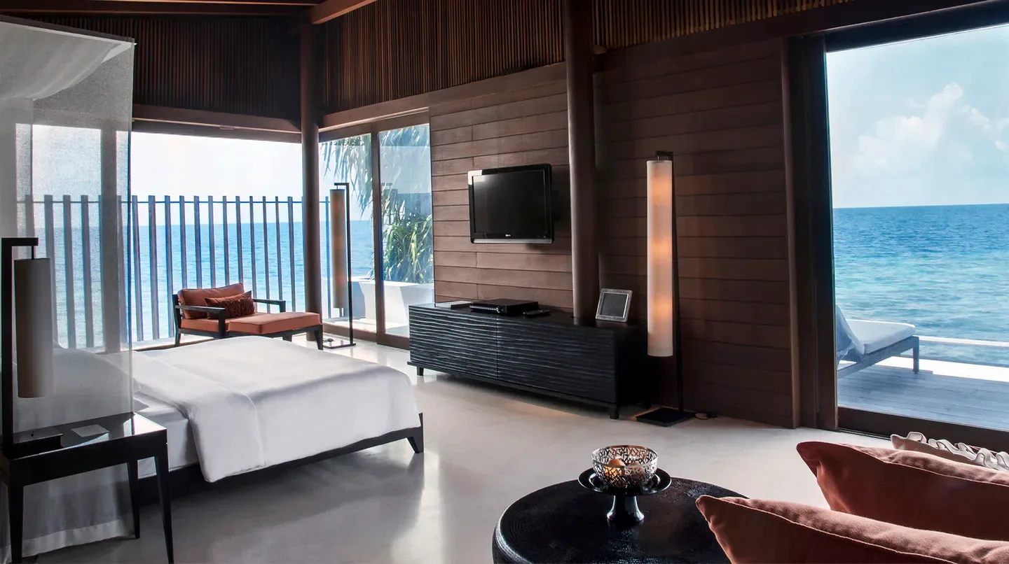 Luxury bedroom at Park Hyatt Maldives Hadahaa with ocean views in the Maldives