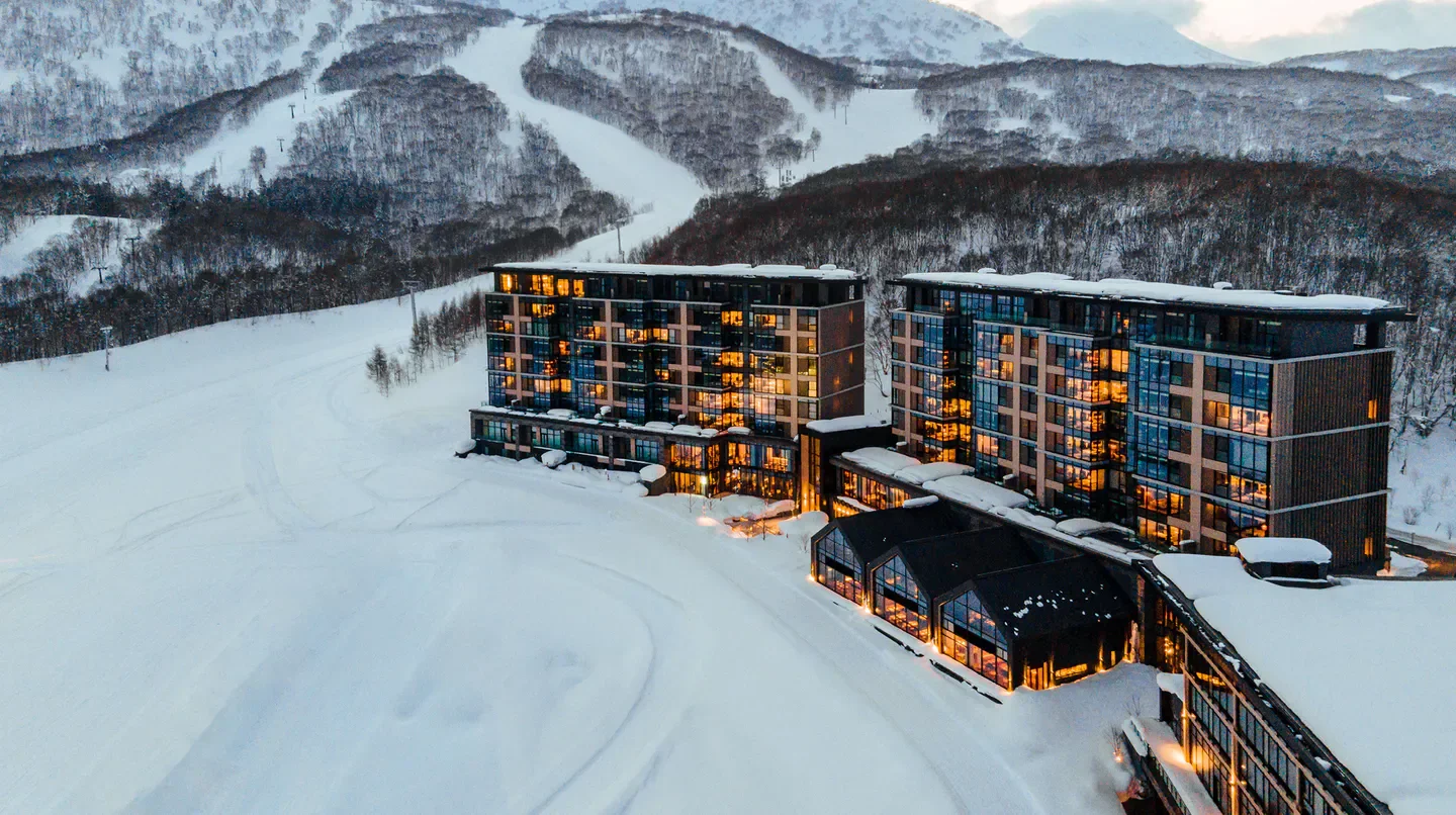 Park Hyatt Niseko Hanazono hotel in Hokkaido, snowy mountain view at dusk