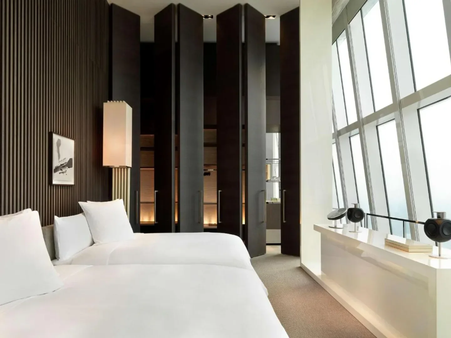 Modern bedroom interior at Park Hyatt Shanghai with city view, Shanghai