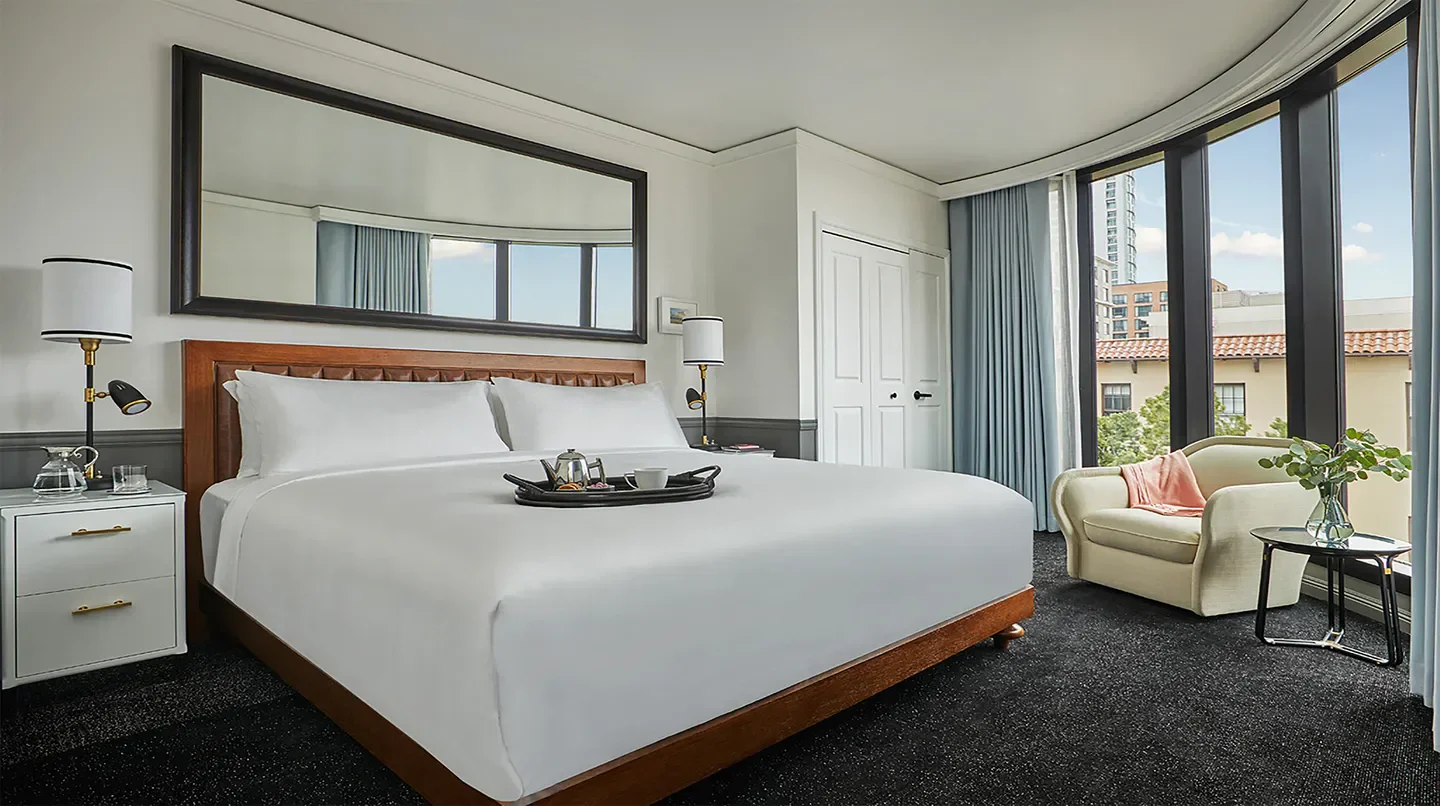 Cozy bedroom at Pendry San Diego hotel with city view in San Diego
