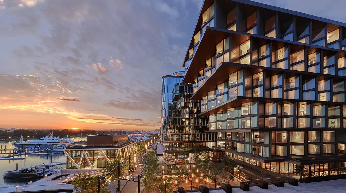 Modern architecture at Pendry Washington DC – The Wharf in Washington, with sunset views.