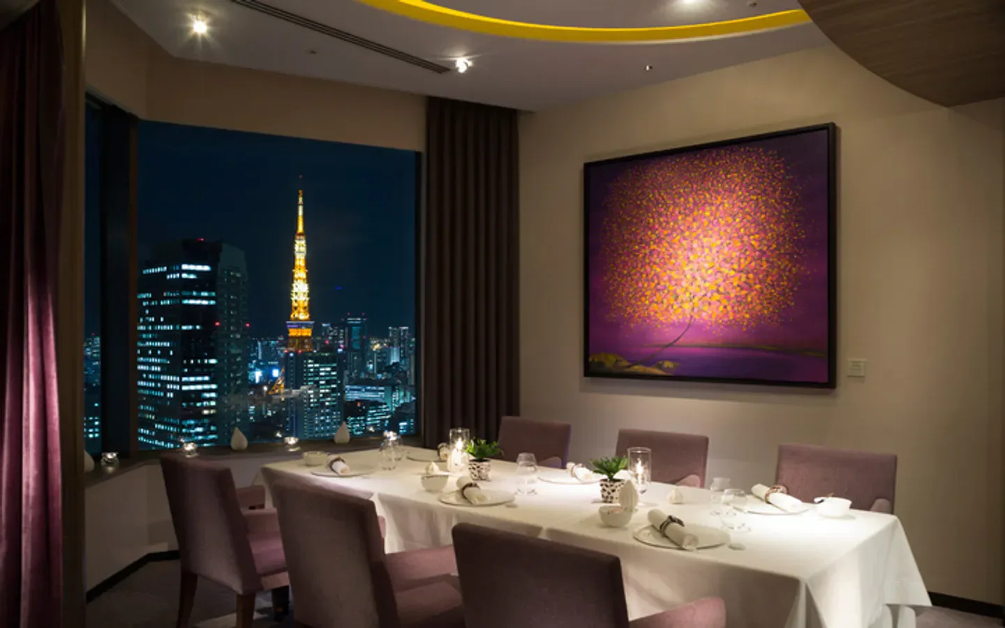 Dining room view at Pierre Gagnaire - Tokyo with Tokyo Tower at night
