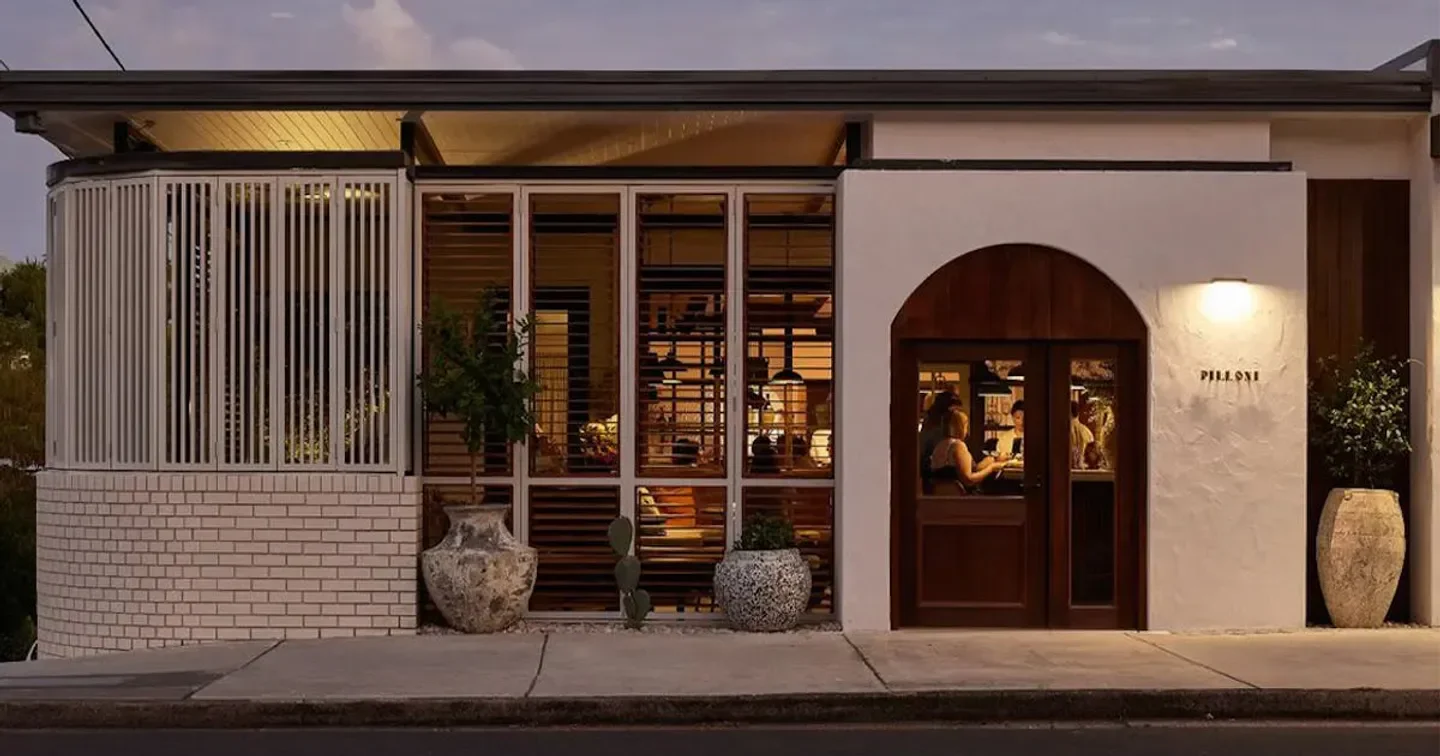 Exterior view of Pilloni restaurant in Brisbane, showcasing its elegant design and ambiance.