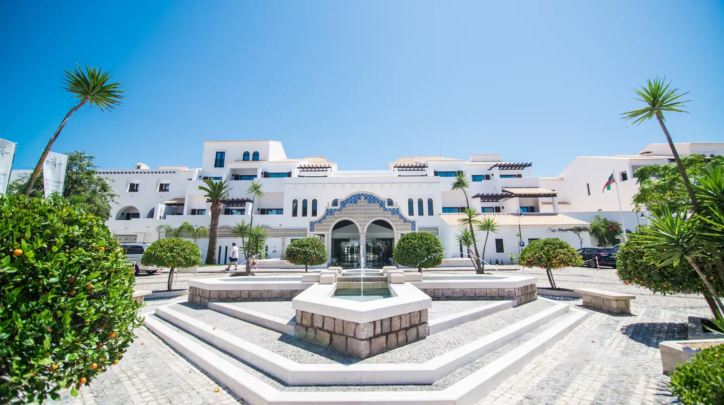 Pine Cliffs Hotel, a Luxury Collection Resort, Algarve, stunning facade and Porto resort entrance.