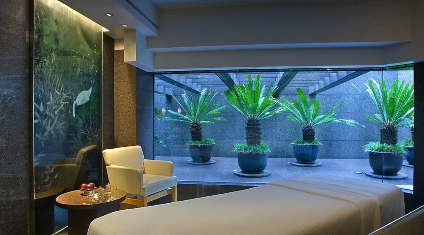 Plateau Spa in Hong Kong, relaxing spa treatment room with outdoor greenery view