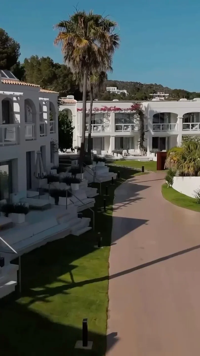 Playa Pacha beach club exterior in Ibiza with white buildings and palm trees on a sunny day.