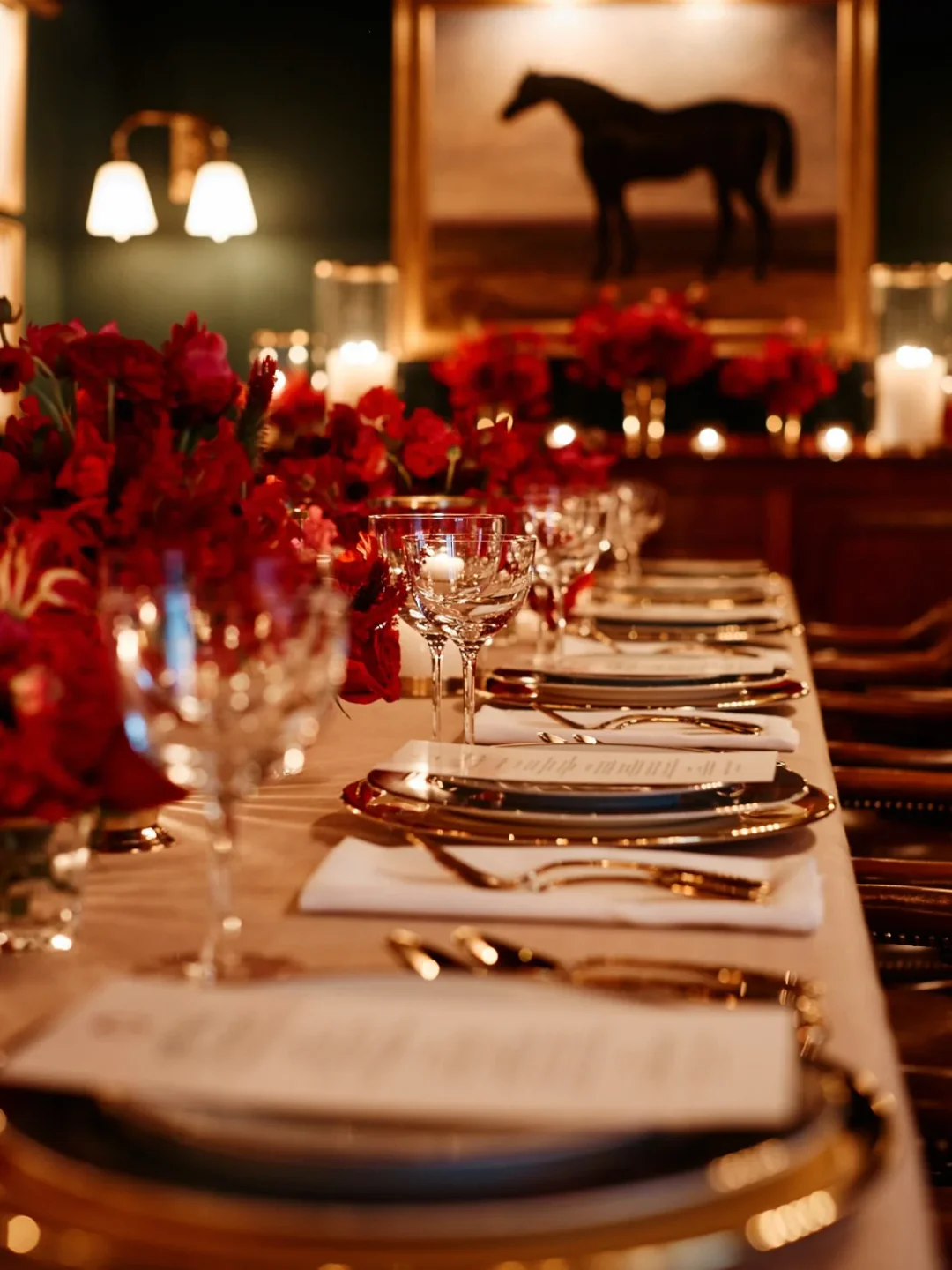 Elegant dining table setting at Polo Bar in New York City with red floral arrangements and fine dining details.