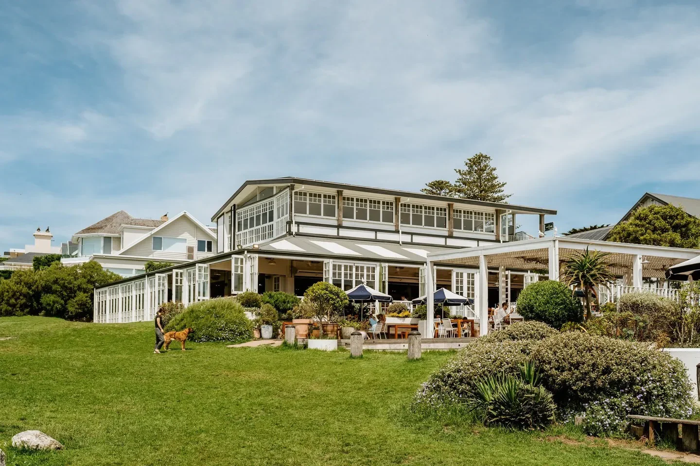 Exterior view of the Portsea Hotel restaurant, Mornington Peninsula with outdoor seating