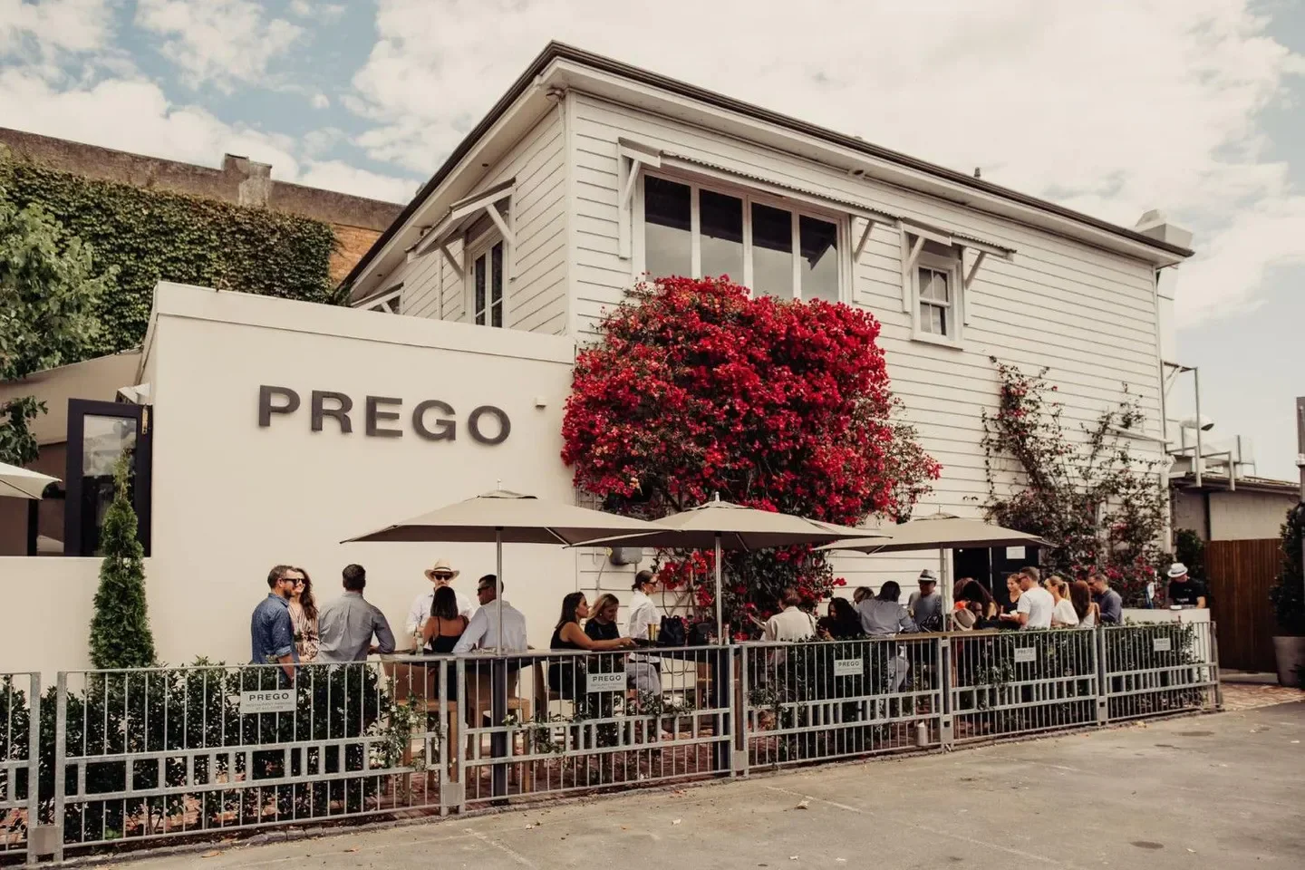 Outdoor dining at Prego Restaurant in Auckland, featuring vibrant red flowers and patrons.