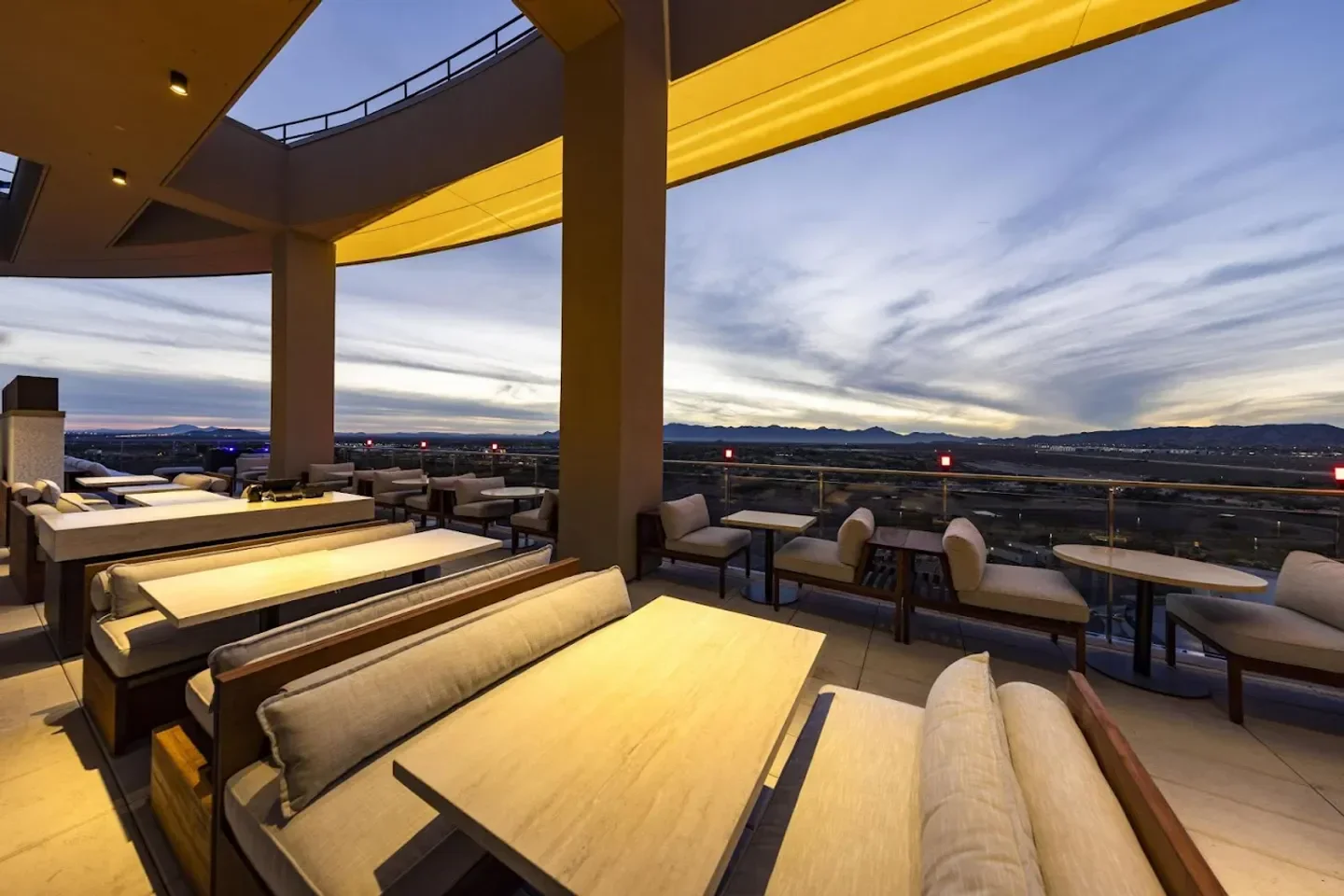 Outdoor seating at Prime, A Shula's Steak House in Phoenix with scenic views.