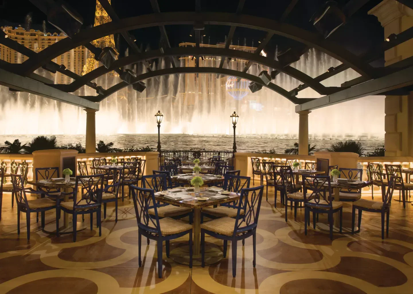 Prime Steakhouse in Las Vegas: Fine dining on the patio with fountain views at night