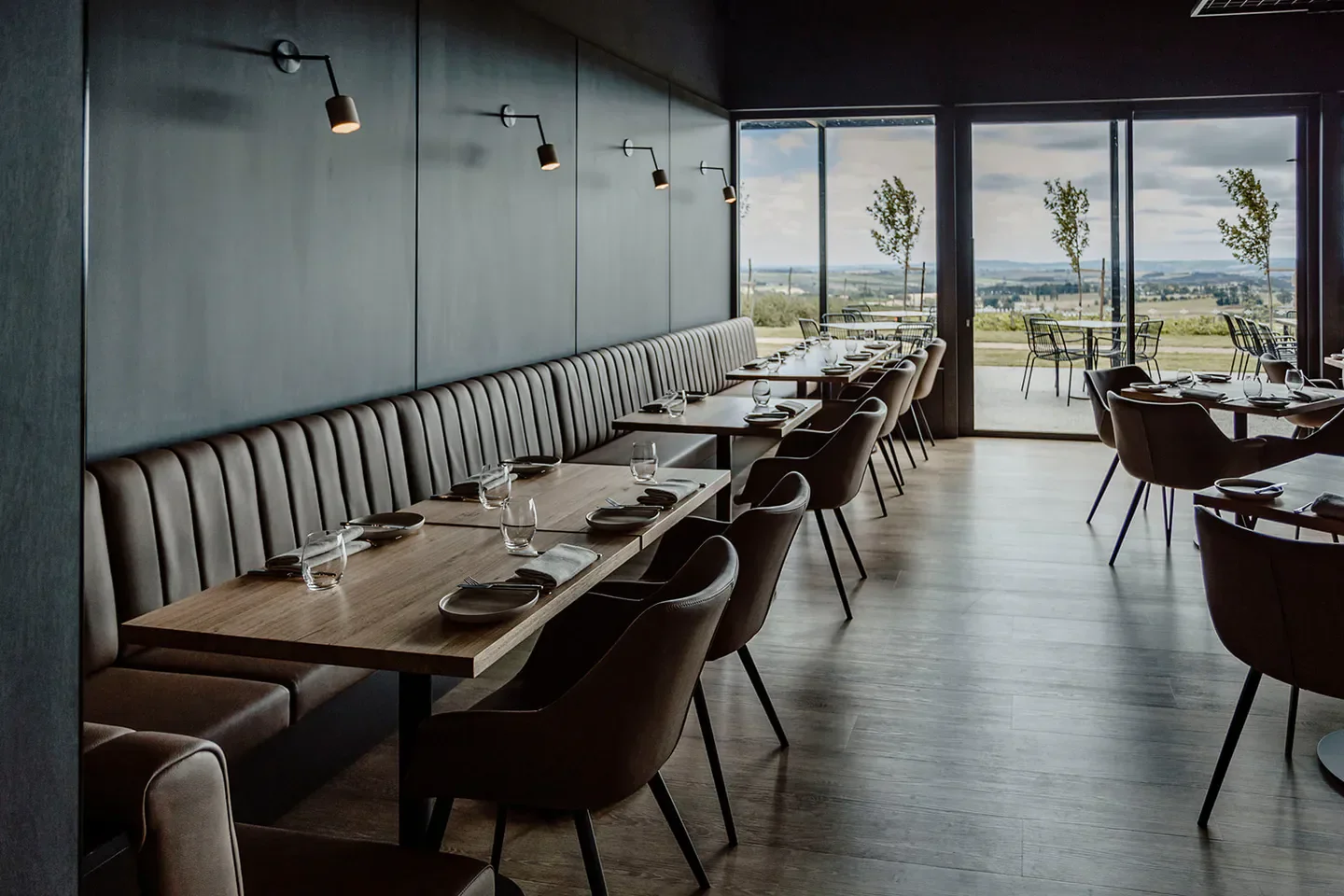Interior of Printhie Dining restaurant in Orange with views of the countryside