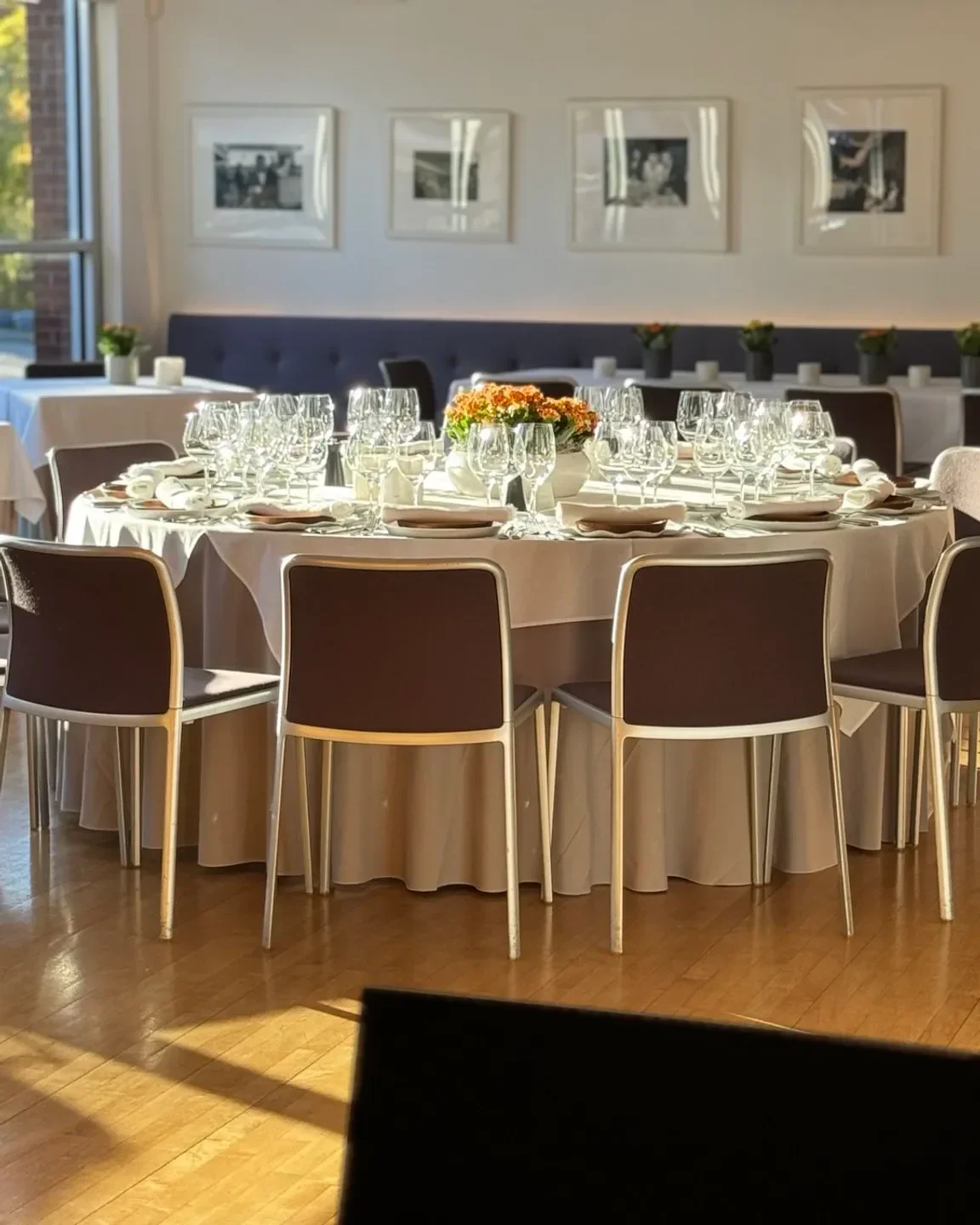 Elegant dining room at Rebeccas in Greenwich, set for a special occasion.