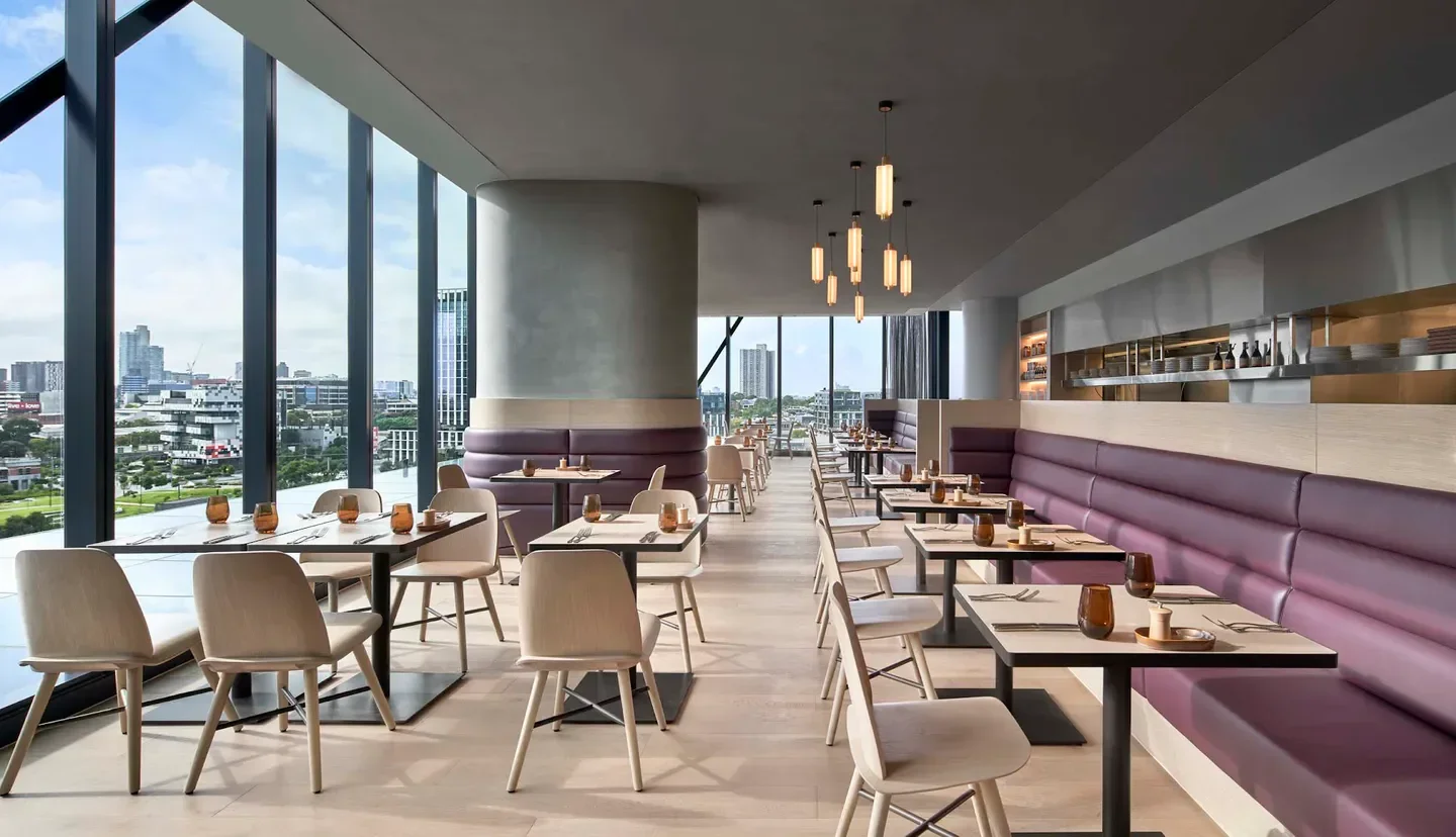 Restaurant Sorolla in Melbourne with city views, featuring stylish interior and modern design.