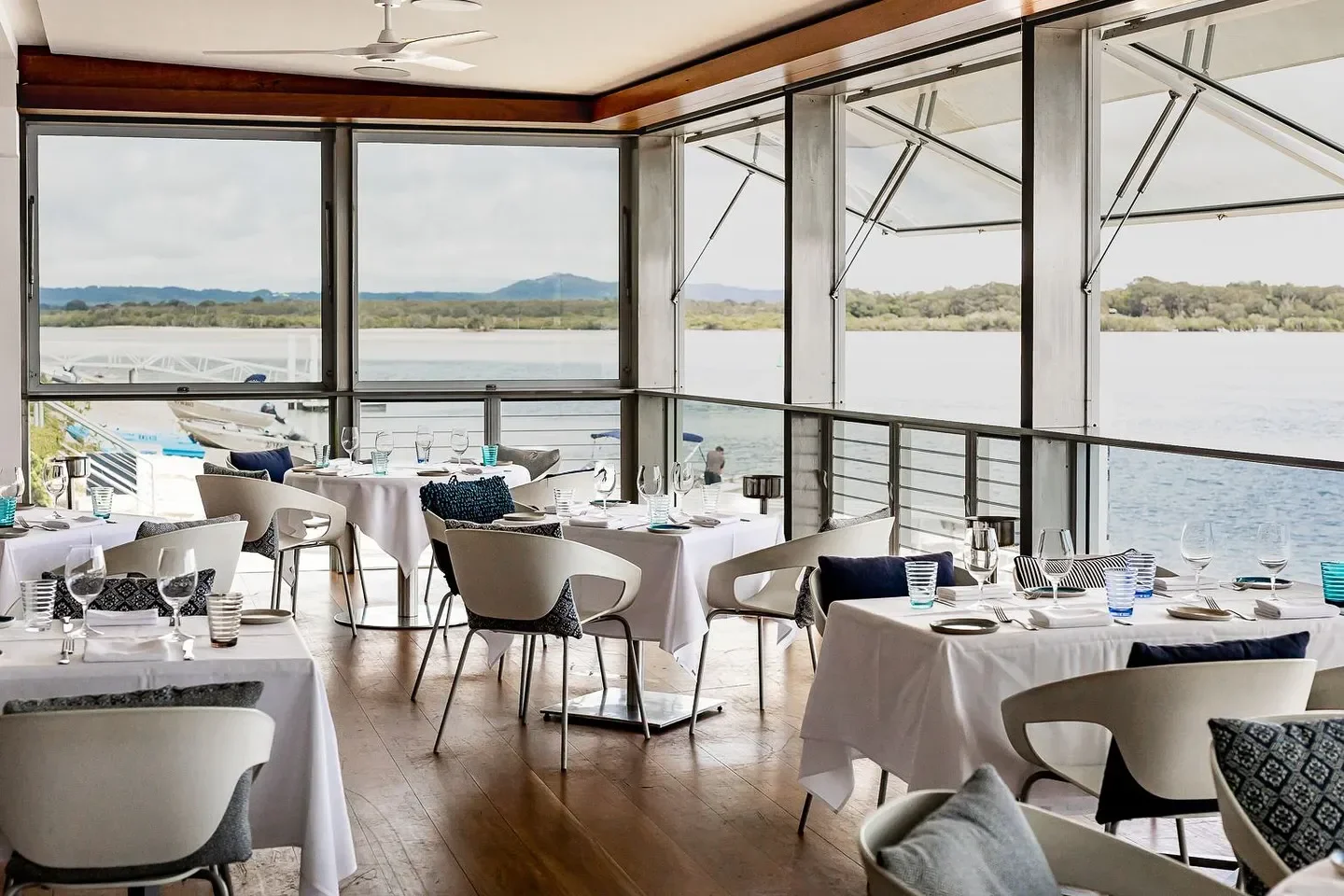 Elegant dining room at Rickys River Bar & Restaurant on the Sunshine Coast, overlooking the water
