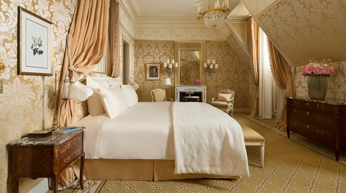 Elegant bedroom at Ritz Paris, showcasing classic Parisian luxury and style in Paris.