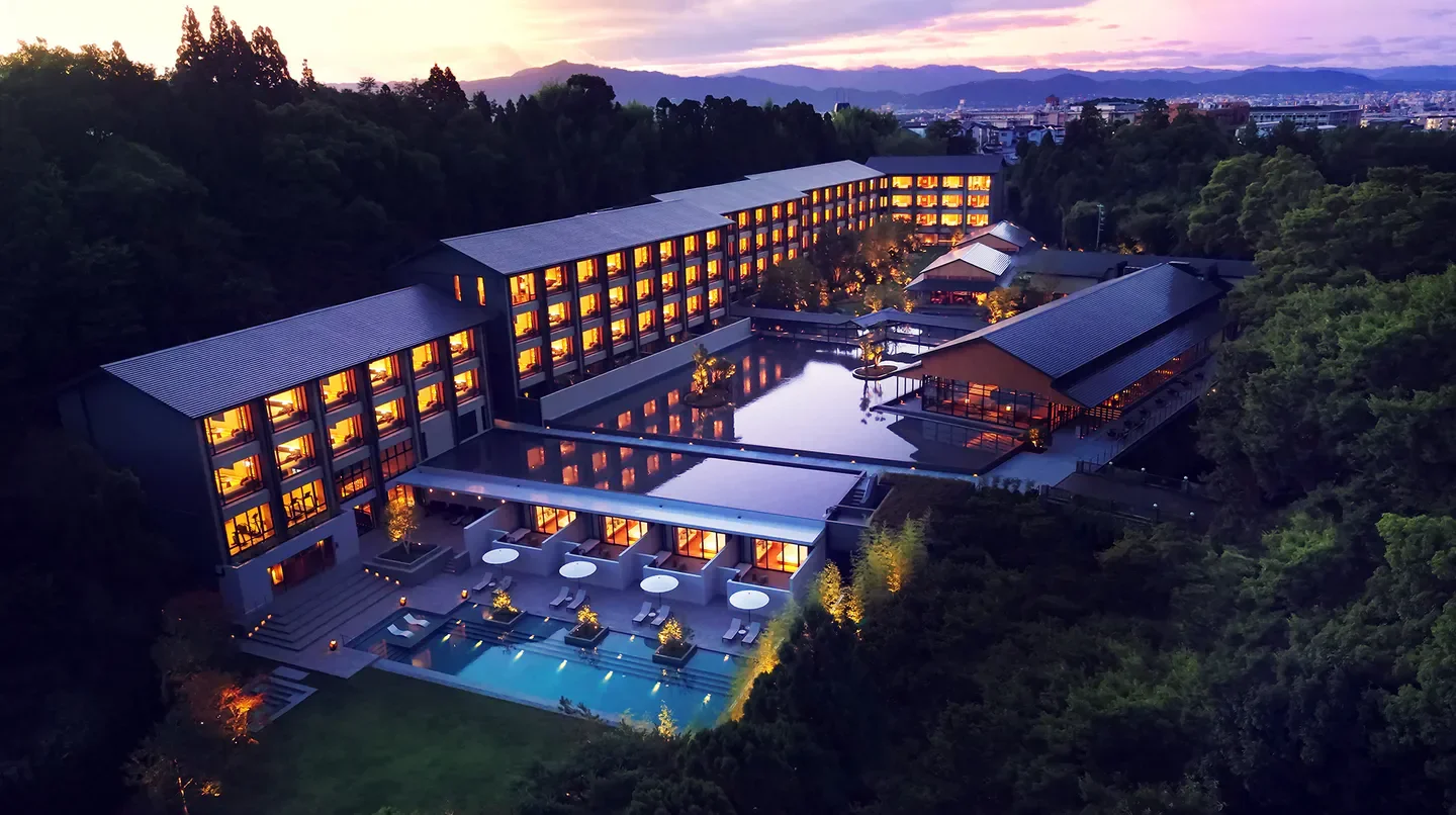 Aerial view of ROKU KYOTO, LXR Hotels & Resorts, showcasing hotel and pool in Kyoto.