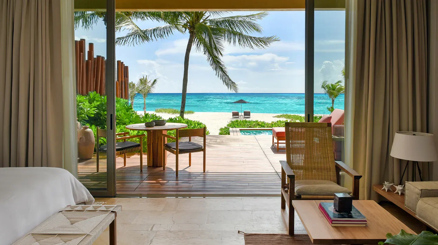 Beach view from a suite at Rosewood Mayakoba in Playa del Carmen, Mexico