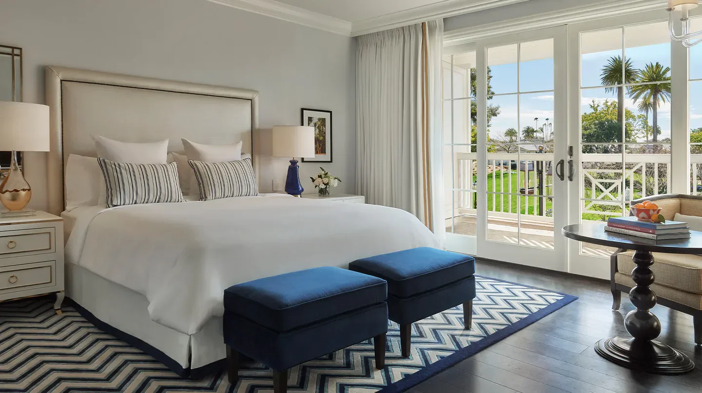 Elegant bedroom at Rosewood Miramar Beach in Santa Barbara with ocean view.
