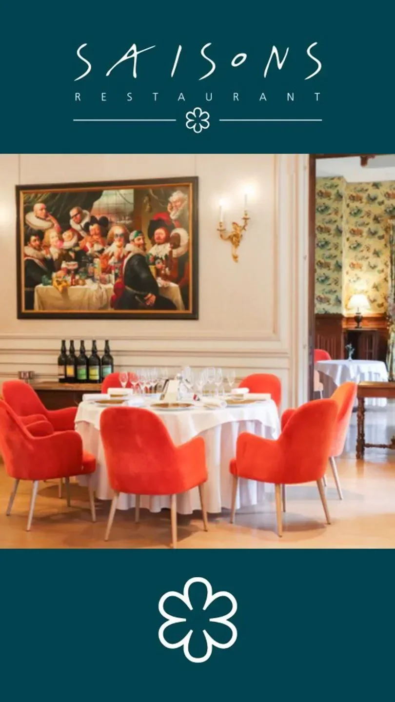 Elegant dining room at Saisons restaurant in Lyon with red chairs and artwork.