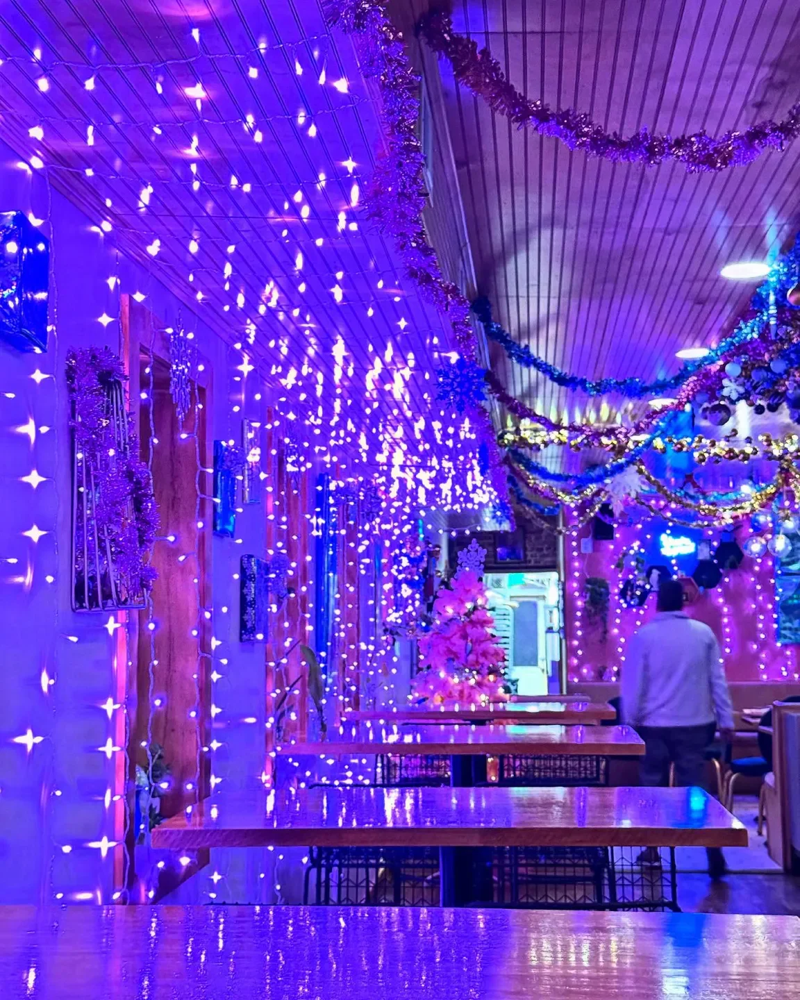 Festive interior at Sally O's in Baltimore with fairy lights and holiday decorations.