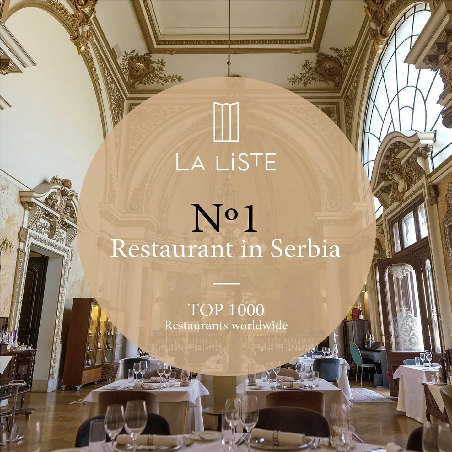 Elegant dining room interior at Salon 1905 restaurant in Belgrade, showcasing fine dining.
